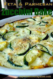 zucchini bake in a white dish with the words feta and parmesan cheese