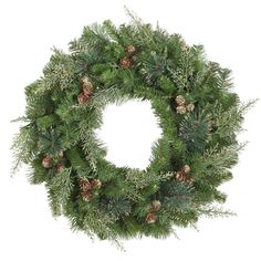 a christmas wreath with pine cones and needles