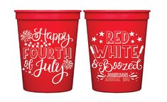 two red cups with the words happy fourth of july printed on them, sitting side by side