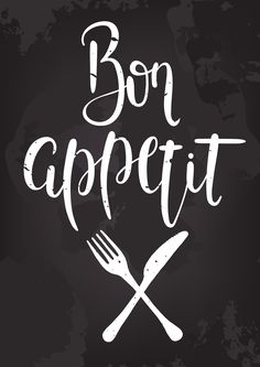 the words bon appetit written in chalk on a blackboard with a fork and knife