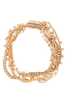 With an assortment of mixed chains and a goldtone plate finish, this magnetic multi-strand bracelet elevates your everyday style. 7 1/2" length Magnetic closure Goldtone plate Imported Multi-strand Metal Chain Bracelet, Metal Multi-strand Chain Bracelet, Multi Strand Bracelet, Keep Jewelry, Multi Strand, Everyday Style, Magnetic Closure, Womens Jewelry Bracelets, Chain Bracelet