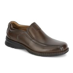 Bring a touch of class to your look with this popular Dockers dress shoe. These men’s loafers are the perfect dress shoe thanks to their modern design and traditional look. Inside is the unique All Motion Comfort technology, meaning your feet can stay relaxed no matter how long the workday. The classic look, complete with genuine leather uppers and a durable rubber outsole, makes them perfect for any style from slacks to casual Fridays. Formal Slip-on Leather Shoes With Ortholite Insole, Semi-formal Slip-on Dress Shoes, Formal Brown Slip-ons With Cushioned Footbed, Formal Slip-on Moccasins With Ortholite Insole, Modern Formal Slip-ons With Ortholite Insole, Modern Slip-on Dress Shoes For Business Casual, Business Casual Slip-on Dress Shoes With Plain Toe, Cushioned Slip-on Dress Shoes For Business Casual, Formal Slip-ons With Cushioned Footbed