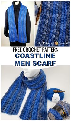 two pictures with the text free crochet pattern coastaline men scarf on it