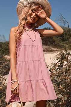 Rosy Brown Tie Back Sleeveless Tiered Dress Clothes Tiered Dresses, Pleated Mini Dress, Ruffle Hem Dress, Ruffle Collar, Boho Stil, Tie Dress, Tiered Dress, Hem Dress, Casual Elegance