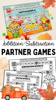 an addition subtraction partner game for fall with the words addition subtraction partner games