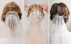 three pictures of brides with veils and hair combs