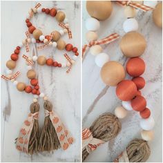 two pictures one with tassels, the other with beads and wood bead