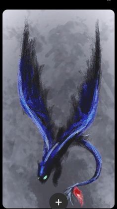 an artistic painting of a blue bird with black wings and red beaks on it's head