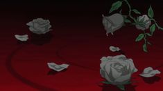 three white roses floating in the water on a red surface with leaves and petals scattered around them