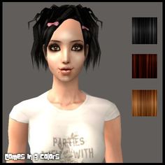 an animated image of a woman with black hair and brown eyes, wearing a white t - shirt