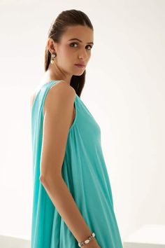 Turquoise one shoulder asymmetric dress in a draped solid base. - Aza Fashions One Shoulder Drape Dress, Asymmetric Dress, Draped Dress, Asymmetrical Dress, Dress For Women, Aza Fashion, One Shoulder, Turquoise, Womens Dresses