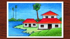 a drawing of a house by the water with palm trees in the backgroud