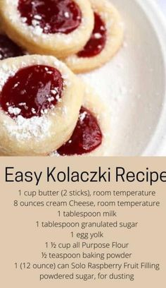 the recipe for easy kolacri cookies is shown on a plate with powdered sugar