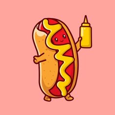 a cartoon hot dog with mustard and ketchup