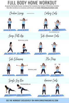 the full body home workout for women is shown in this graphic style, with instructions to do