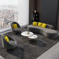 a living room filled with furniture next to a large window covered in yellow and gray pillows