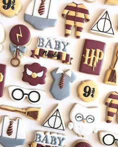 harry potter themed cookies are arranged on a white surface with the words baby, there is no 9