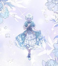 an anime character is standing in the middle of blue flowers and white petals on a purple background