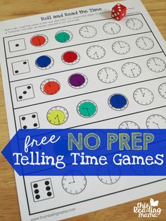 a printable telling time game with dices and numbers on the board for kids to play