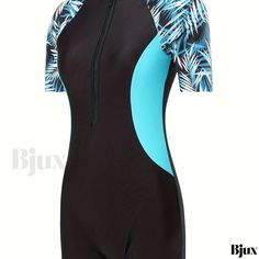 Bjux - Womens Short Sleeve Color Block Zipper One-Piece Swimsuit with Blue Leaf Print: High Stretch Sun Protective Rash Guard for Surfing and Water Sports - Versatile Swimwear & Clothing Blue Rash Guard For Beach Season Sports, Blue Rash Guard For Sports And Beach Season, Blue Fitted Swimwear For Outdoor, Fitted Blue Swimwear For Outdoor, Blue Short Sleeve Swimwear With Uv Protection, Blue Short Sleeve Swimwear For Surfing, Blue Beachwear Rash Guard For Water Sports, Blue Rash Guard For Water Sports, Competition Swimwear