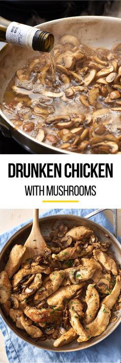 a pan filled with chicken and mushrooms next to a bottle of wine