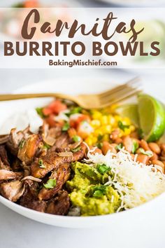 a bowl filled with meat, rice and guacamole on top of a table