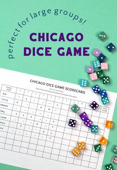 the chicago dice game is on top of a piece of paper and some dices are scattered around it