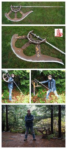 four different pictures showing the process of making an outdoor sculpture with metal parts and tools