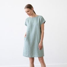 Moss Green Linen Dress Alice - LinenMe Knee-length Flax Linen Dress, Short Sleeve Linen Dress In Flax Color, Short Sleeve Flax Linen Dress, Casual Flax Short Sleeve Dress, Spring Linen Dress In Flax Color With Short Sleeves, Short Sleeve Linen Dress For Spring, Spring Short Sleeve Flax Linen Dress, Blue Linen Dress Relaxed Fit Short Sleeve, Blue Linen Dress With Short Sleeves And Relaxed Fit