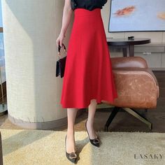 Lasaky - Red High-Waisted Half-Length Flared Skirt with Letter Print Design Elegant Lettering, Red Midi Skirt, Red Midi, Skirts Midi High Waisted, Leather Midi Skirt, Half Skirt, Printed Midi Skirt, Red Midi Dress, Red Skirts