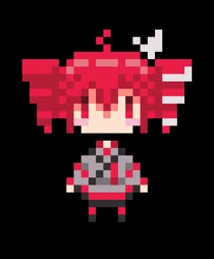 pixel art girl with red hair and black pants, standing in front of a white background