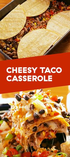 cheesey taco casserole with tortilla chips on the side