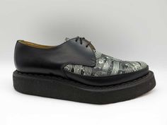 This timeless "Diano" creeper showcases sleek black leather and distinctive detailing, including a Goodyear welted crepe sole. Originally crafted in the late 1950s and revived for punk enthusiasts, this shoe boasts a 24mm front sole and a 36mm back sole. Created by the renowned George Cox, designer of the original Creeper shoe. Retro Black Oxfords For Derby, Retro Black Oxfords With Leather Sole, Black Leather Retro Oxfords, Vintage Black Leather Shoes With Stitched Sole, Fred Perry Amy Winehouse, Creepers Shoes, Fur Accessories, Tripp Nyc, Music Note