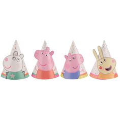 five peppa pig party hats in different colors and sizes, including one wearing a birthday hat