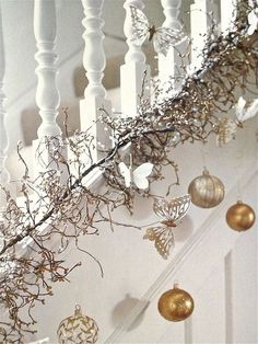 some ornaments are hanging from the banister