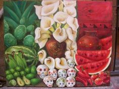 a painting of flowers, fruit and vegetables