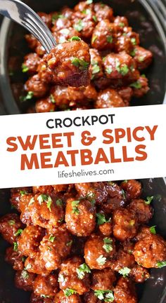 crockpot sweet and spicy meatballs in a black bowl with a white sign