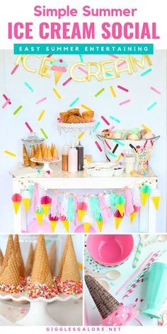 Ice Cream Cones and Party Decor Ice Cream Bar Party Ideas, Ice Cream Social Decorations, Ice Cream Party Bar, Diy Ice Cream Bar, Cream Party Decorations, Summer Ice Cream Party