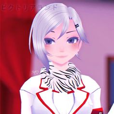 an anime character with silver hair and blue eyes wearing a white shirt, red ribbon around her neck