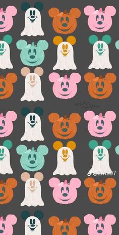 mickey and minnie mouse faces with different colors on black background, all in the same pattern