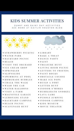 the kids'summer activities list is shown in blue and white with yellow sunbursts