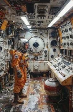 a man in an orange space suit standing inside of a room filled with machines and equipment