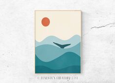 a poster with a whale in the ocean under a red sun on a white wall