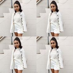 four different pictures of a woman in white dress and jacket standing next to a brick wall