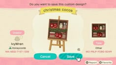 an animal crossing game screen showing the christmas cocoa and other items for sale on display