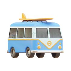 a blue and white bus with a surfboard on top