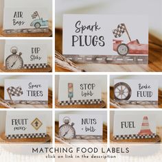 there are many different pictures of food labels on this card set that include cars, trucks and clocks