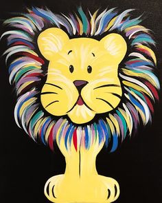 a painting of a lion's head with multicolored manes on black background