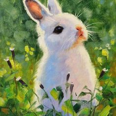 a painting of a white rabbit sitting in the middle of some green grass and flowers