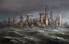 a painting of a city in the ocean